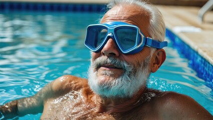 Elderly man with white hair and beard wearing goggles, relaxing in the swimming pool. Leisure, aging, and water activity concept. The image of relaxation and summer fun.
