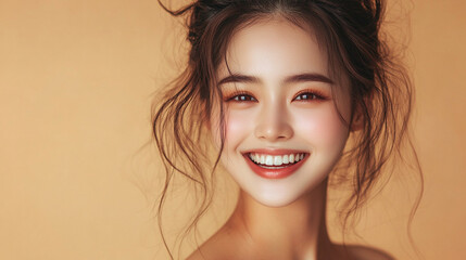 Close-up of a young, beautiful Asian woman with radiant skin, smiling gently against a soft beige background. The image evokes skincare, hydration, and natural beauty, with space for promotional text.