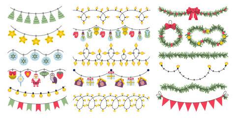Flat christmas garlands. Xmas home decorations with toys, fir tree branches and lights. Winter holiday design, festive cartoon neoteric vector elements