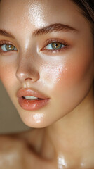 Close-up of a young, beautiful Asian woman with radiant skin, smiling gently against a soft beige background. The image evokes skincare, hydration, and natural beauty, with space for promotional text.