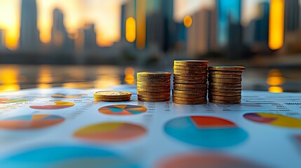 Stacked gold coins on financial chart with blurred urban cityscape background and colorful data visualization circles, representing business growth and investment.