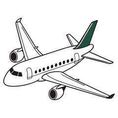 Airplane Illustration with Green Tail Fin Isolated on White Background