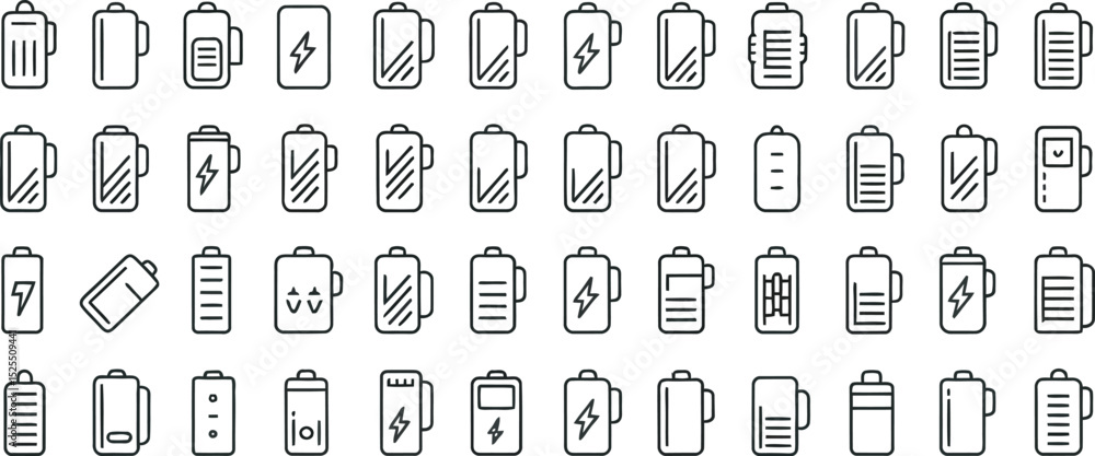 Poster collection of various battery icons demonstrating charge levels and power status