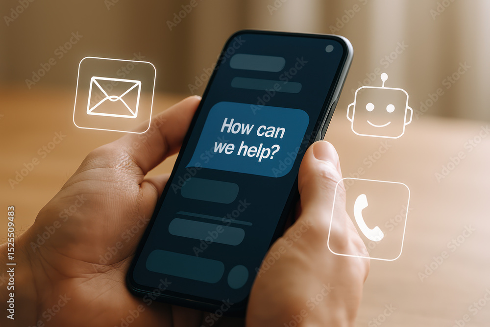 Poster a person holding a smartphone with a chat bubble that says 