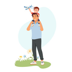Smiling dad carries his happy child on shoulders as he flies toy plane. Cute family moment on walk. Parenting, outdoor activity Flat cartoon scene for Father's Day greeting card, banner, print, poster