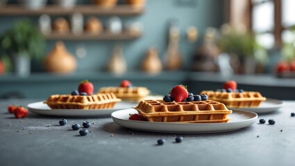 Golden waffles served with fresh berries on plates, in a cozy kitchen setting with jars and plants in the background.