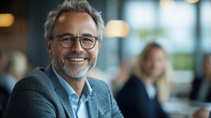 Fototapeta premium Smiling mature man in business attire. Office background blurred