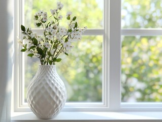 A white vase with flowers sits on a windowsill. The flowers are white and the vase is tall and narrow. The sunlight coming through the window illuminates the vase and the flowers, creating a serene