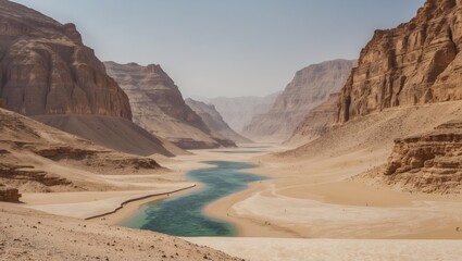 Fototapeta premium Arid canyon landscape with a winding river, showcasing rugged cliffs and clear water in a desert environment.