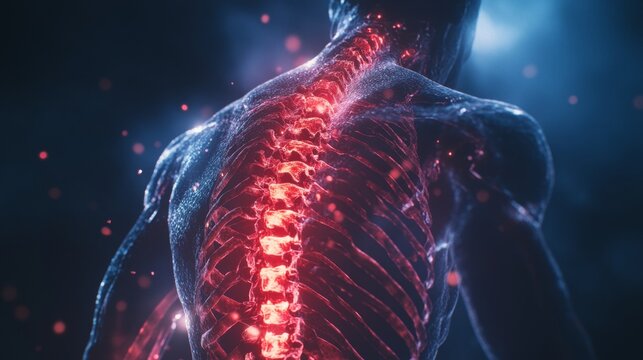 A person with a glowing red and blue backdrop, possibly indicating advanced technology or cybernetic augmentation.