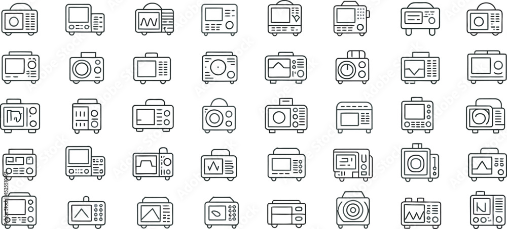 Poster collection of vector line art illustrations depicting various oscilloscopes and electronic testing e