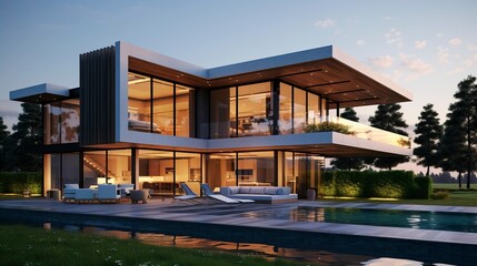 Obraz premium A photo of a modern house with floor-to-ceiling window
