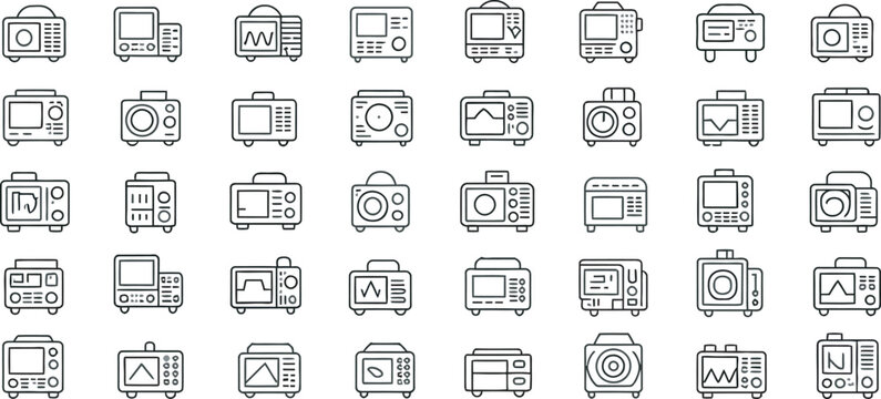 Collection of vector line art illustrations depicting various oscilloscopes and electronic testing equipment