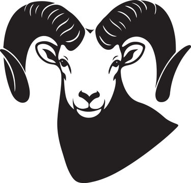 Rams head silhouette black and white detail, Horned animal in bold elegant illustration