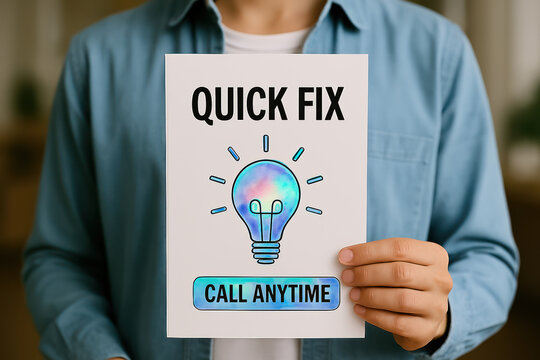Person holding a brochure with "Quick Fix" and a lightbulb graphic. Call anytime is also printed on the brochure.