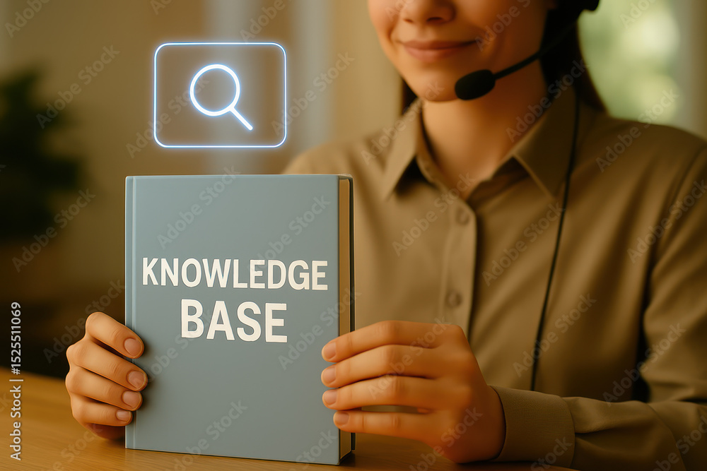 Poster customer support agent holding a knowledge base book with a search icon above. the agent is wearing 