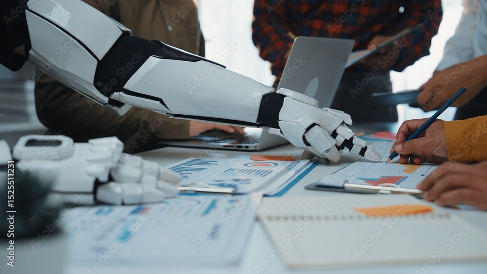 Poster a futuristic robotic arm engages with human hands in a collaborative office environment, showcasing 