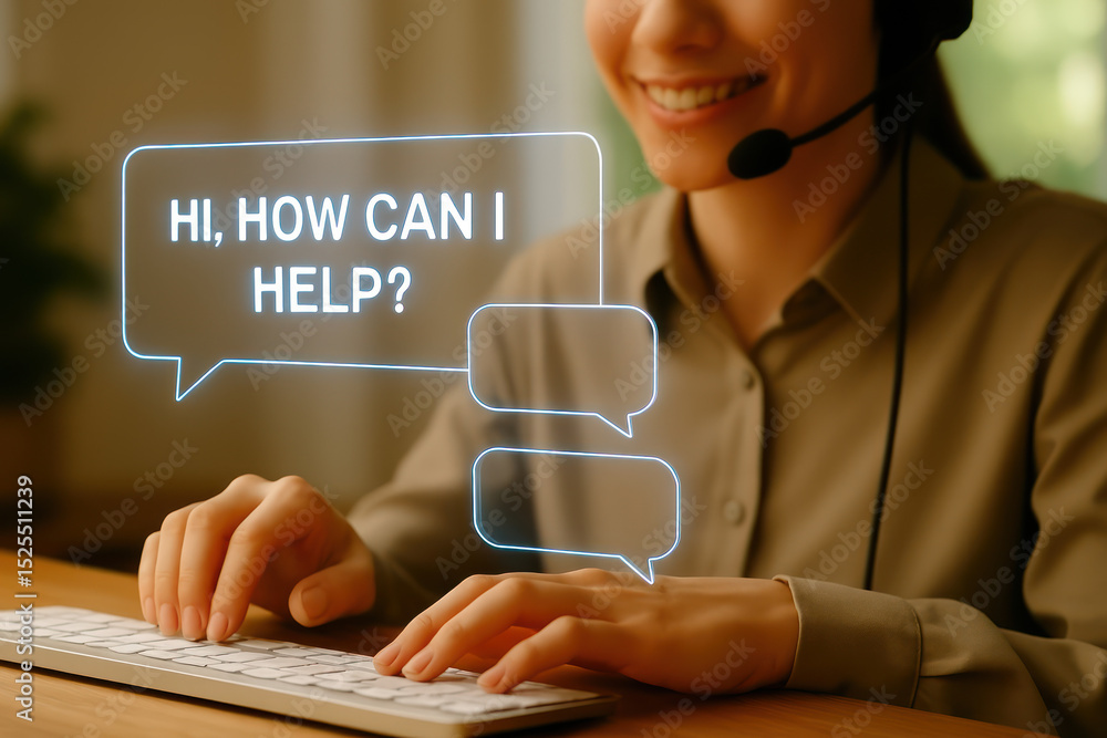 Poster smiling woman operating a keyboard with a help chat bubble floating above her head. the woman appear