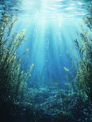 Obraz premium A vivid underwater view showcasing the oceanic plant life in clear waters, with light rays illuminating the scene.