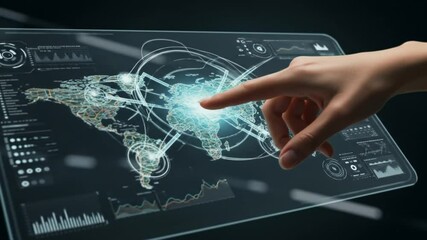 Human hand touching a transparent interface with 3D digital map, interactive technology, ultra HD - Powered by Adobe