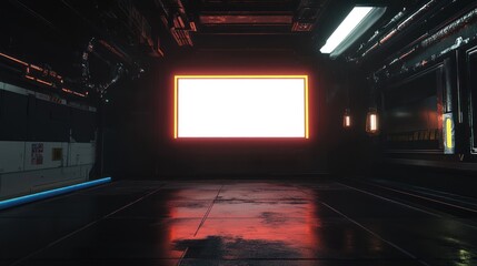 A dark, futuristic corridor features a centrally-located, blank rectangular screen with an orange neon border, reflecting on the glossy floor
