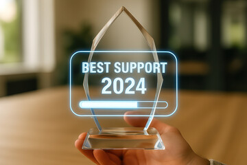 A crystal trophy in hand with the text "Best Support 2024" illuminated. The trophy is held by a person's hand, showcasing the achievement 