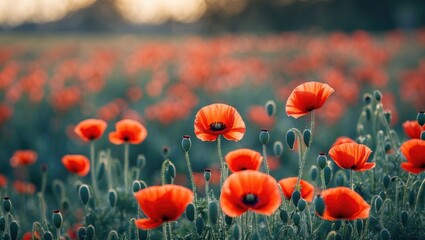 Fototapeta premium Field of red poppies in bloom with a blurred background and a heart-shaped flower, creating a romantic and peaceful scene.