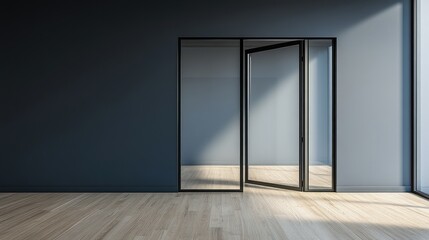 Modern interior featuring a partially open glass door, natural light, and wood flooring