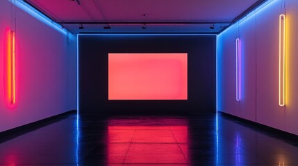 A modern art installation featuring a large screen displaying a solid red background, flanked by vibrant neon lights in a sleek, dark room with reflective flooring