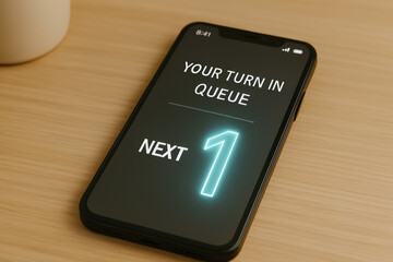 a smartphone displays "your turn in queue" with the number "1" prominently highlighted on a wooden surface