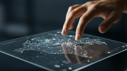 Human hand touching a transparent interface with 3D digital map, interactive technology, ultra HD - Powered by Adobe