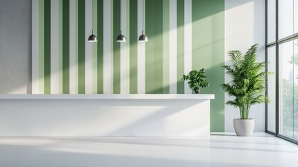 Modern reception area with a white counter, green and white striped wall, large window, and potted plants