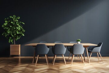 A sunlit dining room features a long wooden table with gray upholstered chairs, a fiddle-leaf fig in a light wood planter, and dark gray walls.  The herringbone wood floor adds warmth