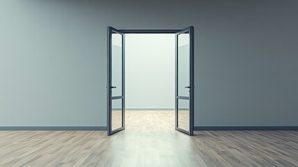 An open glass door against a gray wall with wood flooring leading to bright light