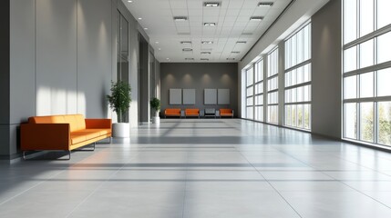 Sunlit modern hallway with grey walls, large windows, and orange seating.  Clean lines and minimalist design create a spacious and airy atmosphere