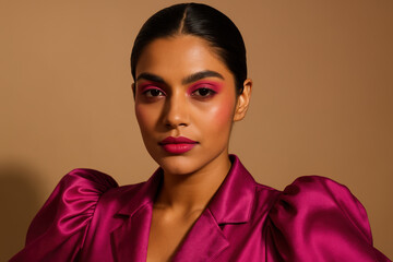 Elegant woman in vibrant fuchsia blazer with bold pink eye makeup and sleek hairstyle posing against a neutral background
