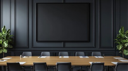 A long conference table sits in a dark-paneled room with a large blank screen above it, flanked by potted plants