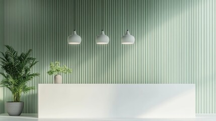 Minimalist reception area with a white counter, green ribbed wall, three pendant lights, and potted plants