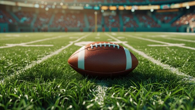 A football on a sports field with a stadium in the background. Sports, stadium, and game are key themes.