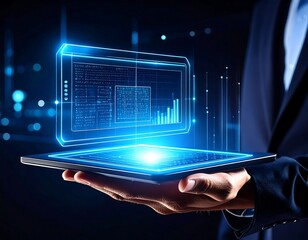 Hand holding tablet with holographic data displays (1)