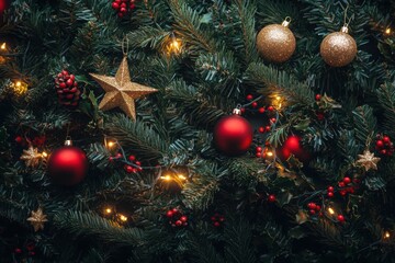 Christmas tree decor close up red gold ornaments