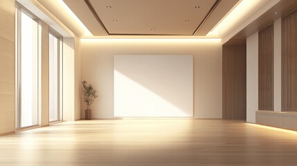 Minimalist room design featuring a large blank canvas, hardwood floors, floor-to-ceiling windows, and wooden wall accents.  Soft lighting enhances the serene atmosphere