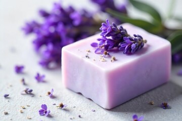 Luxurious lavender soap bar adorned with delicate dried lavender flowers, perfect for spa settings or bathroom displays Aromatic and visually appealing , floral scent, purple petals, purple