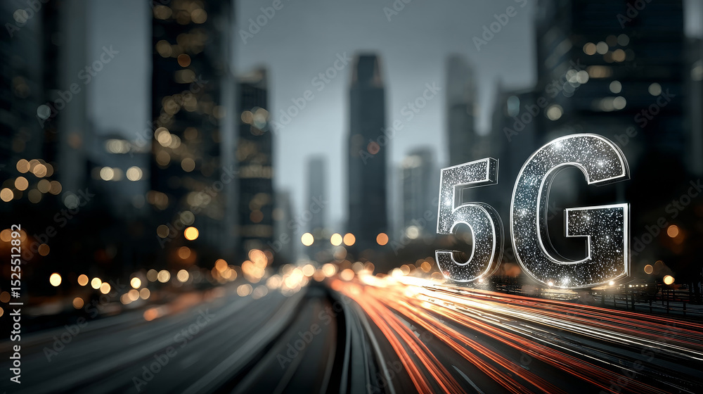 Poster 5g technology: high-speed connectivity, low latency, businessman touch and analysis data strategy wi