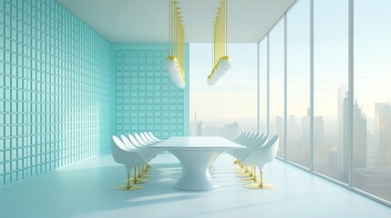 Modern turquoise meeting room with city view