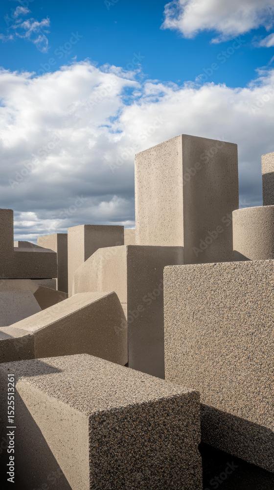 Poster concrete blocks with varied shapes create strong geometric patterns. blue sky with white clouds cont