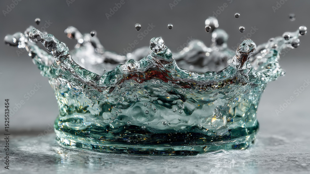 Poster water splash set. aqua liquid in shape of crown and dynamic motion elements with spray droplets side