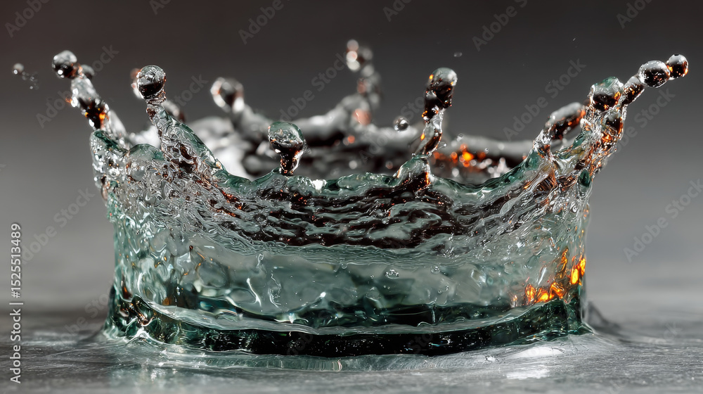 Poster water splash set. aqua liquid in shape of crown and dynamic motion elements with spray droplets side