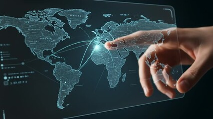 Human hand touching a transparent interface with 3D digital map, interactive technology, ultra HD - Powered by Adobe