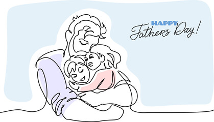 Happy Fathers Day holiday card. Dad hug his kids with big love.